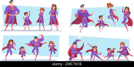 Heroes family. Parents and kids superheroes exact vector cartoon illustrations Stock Vector