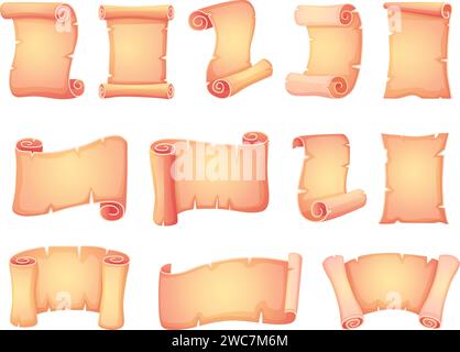 Cartoon papyrus set. Old scrolls, papers and parchments. Blank ancient manuscripts, letters or base for tresure maps. Documents on wood rod, nowaday Stock Vector