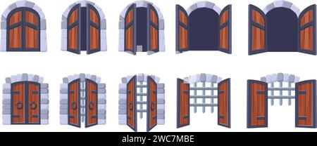 Castle door opened. Medieval wooden gates open animation process. Old doors closed, palace or dungeon gateways opening, nowaday vector concept Stock Vector