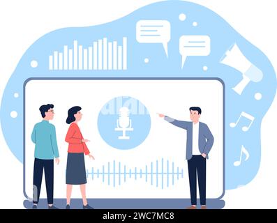 Voice assistant technology. People group using smart speaker, online translator or digital assistance. Intelligent home or office device, recent Stock Vector