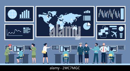 Command control center. Government digital service, military agency. Giant monitors with graphs and people in uniform, recent vector illustration Stock Vector