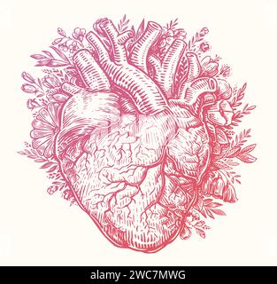 Heart in flowers. Valentine card in vintage engraving style. Hand drawn sketch vector illustration Stock Vector
