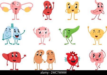 Cute internal organs. Funny lungs, liver and brain, stomach and heart in love. Childish book organ character, adorable mascots classy vector set Stock Vector