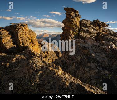 Sunset light on Longs Peak from Trail Ridge Road in Rocky Mountain National Park, Coclorado Stock Photo