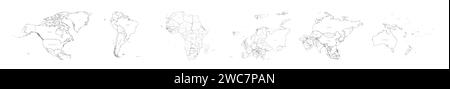 Set of six world continent maps in a row - North America, South America, Africa, Europe, Asia and Australia. Thin black outline vector map with country name labels Stock Vector