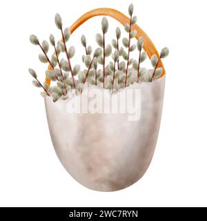 Easter decoration, egg with flowers on a ribbon, painted in watercolor for Easter celebration in April, spring tree branches, willow. Spring holiday h Stock Photo