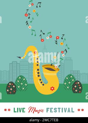 Live Music Fest cute minimal cartoon design. Outdoor Festival vector poster template. Spring summer musical performance background. Saxophone Stock Vector
