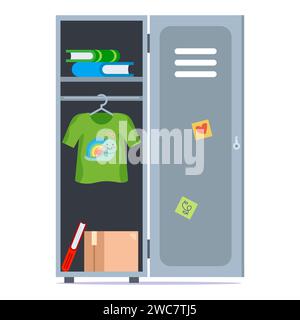 Iron school cabinet with clothes. Flat vector illustration Stock Vector
