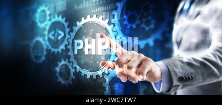 PHP. Web development concept. A general purpose interpreted scripting language Stock Photo
