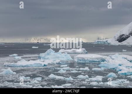 Neko Harbor, Antarctica, ice filled water, icebergs, glaciers calving more ice, breeding colony for Gentoo Penguins, surrounded by snow capped peaks Stock Photo