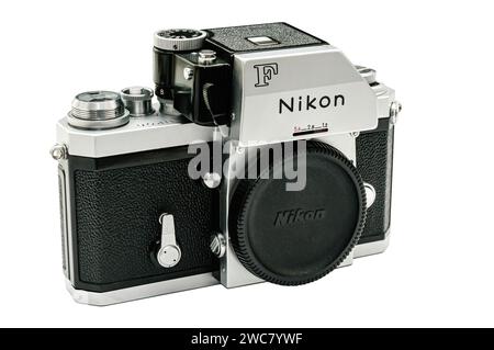 The iconic Nikon F camera body, a vintage masterpiece spirit of the golden age of analog photography. Stock Photo