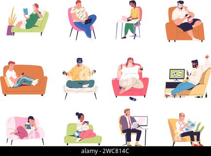 Sedentary lifestyle. Lazy people sit resting on seat, overweight fat man or chubby girl character bad habit eating fastfood reading phone, inactive life classy vector illustration of sedentary lazy Stock Vector