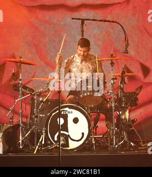 Anaheim, USA. 14th Jan, 2024. Fall Out Boy - Andy Hurley performs onstage at the 2024 iHeartRadio ALTer EGO at the Honda Center on January 13, 2024 in Anaheim, California. Photo: C Flanigan/imageSPACE Credit: Imagespace/Alamy Live News Stock Photo