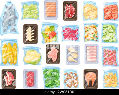 Frozen food bag. Freeze preservation products in plastic polyethylene bag from fridge or supermarket freezer, meat fruit vegetable ice packaging, cartoon vector illustration of bag with frozen food Stock Vector