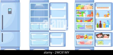 Open and closed refrigerator. Opening fridge door empty or full food inside fridges, open close freezer for supermarket meal shop kitchen interior cartoon vector illustration of refrigerator appliance Stock Vector