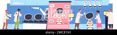 Making robot lab. Engineers build robots in science laboratory, bot invention development or hardware repair, software electronic computing computer tech vector illustration of lab robot science Stock Vector