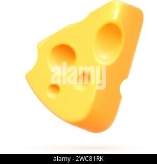 3d cheese piece. Swiss emmental block, realistic render cheeses triangular piece for emoticons culinary restaurant emoji food, cheddar slice with holes vector illustration of food piece cheese, Stock Vector