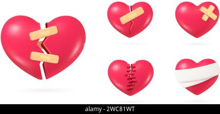 3d broken hearts. Injury healing heart, couple separation hurt divorce wound love or romantic relationship break concept, repair red shape pain symbol nowaday vector illustration of 3d injury heart Stock Vector