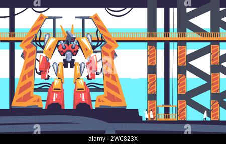 Robot laboratory. Technical science lab room interior with robot in capsule or repair stage, cartoon alien cyborg silhouette futuristic robotics research classy vector illustration Stock Vector