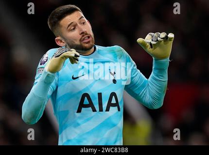 Manchester, UK. 14th Jan, 2024. Guglielmo Vicario of Tottenham during the Premier League match at Old Trafford, Manchester. Picture credit should read: Andrew Yates/Sportimage Credit: Sportimage Ltd/Alamy Live News Stock Photo