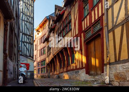 Old cozy street with typical timber frame houses in old town of Rouen, Normandy, France. Architecture and landmarks of Normandie Stock Photo