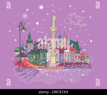 Vector Christmas card with Castle Square in Warsaw Old town, Poland. Stock Vector