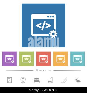 Web development flat white icons in square backgrounds. 6 bonus icons included. Stock Vector