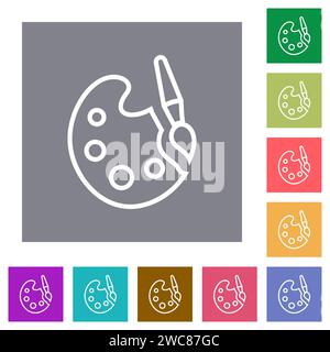 Paint kit outline flat icons on simple color square backgrounds Stock Vector