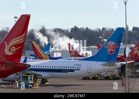 Seattle, Washington, USA. 14th January, 2024. A variety of 737 MAX airplanes in production are parked at Boeing Plant 2. The U.S. Federal Aviation Administration has announced increased oversight of Boeing production and manufacturing following an incident on a Boeing Model 737-9 MAX in which the aircraft lost a passenger door plug while in flight. Credit: Paul Christian Gordon/Alamy Live News Stock Photo