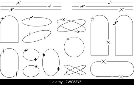 Set of trendy y2k frames. Collection of horizontal dividers, arc, oval, ellipse, circle shapes with twinkle and sparkle icons. Boho decorative elements. Vintage ornaments. Vector outline illustration Stock Vector