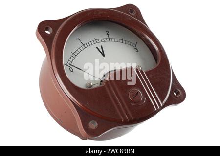 Close-up of an vintage ancient voltmeter isolated on white background Stock Photo