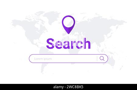 Website search bar browser world map. Research field find tab app search url concept. Stock Vector