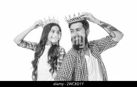Luxury life. Father and kid with golden crown. We are just best. King and princess  concept. Bearded hipster and little daughter. Family heritage. Crown  richness and monarchy. Crown symbol of royal Stock