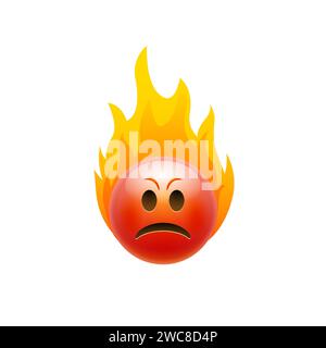 Hot angry emoji flame character face icon. Comic evil emoji face vector illustration. Stock Vector