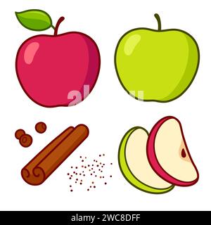 Apple pie ingredients set. Green and red sliced apples, cinnamon stick and spices. Isolated cartoon vector illustration. Stock Vector