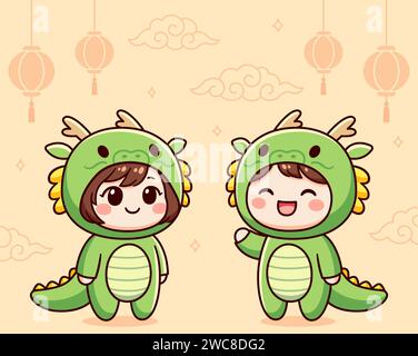 Kawaii children in green dragon costumes. Little boy and girl Chinese New Year greeting card. Cute cartoon vector clip art illustration. Stock Vector