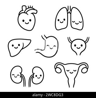Set of cartoon internal organs with cute smiling faces. Hand drawn doodle style drawings, black and white line art. Isolated vector clip art illustrat Stock Vector