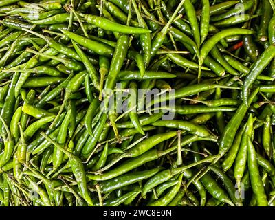 Backdrop of green chilli peppers texture background. Close up view with copy space for design Stock Photo