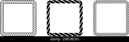 Rope frame set. Squared cord border collection. Rectangular rope loop pack. Chain, braid or plait border bundle. Square design elements for decoration, banner, poster. Vector decoration frames Stock Vector