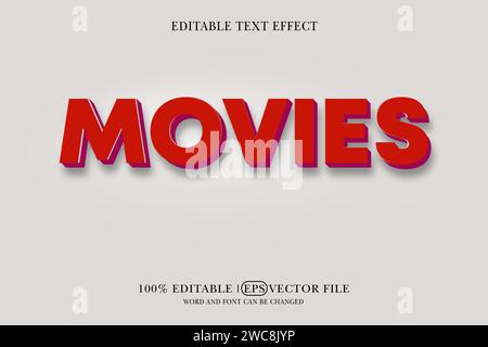 Movies text, 3D red movie style with editable font effect Stock Vector