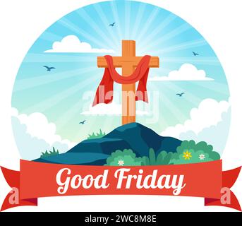 Happy Good Friday Vector Illustration with Christian Holiday of Jesus Christ Crucifixion and Pigeons in Flat Cartoon Background Design Stock Vector