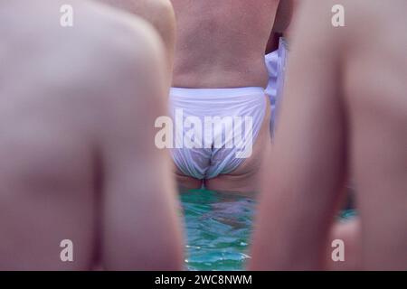 January 14 2024, Tokyo, Japan: The Icy Winter Bathing Tournament (Kanchu Misogi) at Teppozu Inari Shrine is accompanied by Prayers and celebrations for the New Year. Credit: Michael Steinebach/AFLO/Alamy Live News Stock Photo