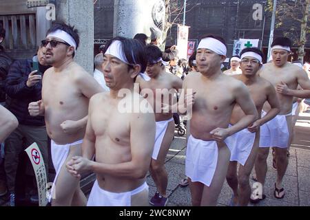 January 14 2024, Tokyo, Japan: The Icy Winter Bathing Tournament (Kanchu Misogi) at Teppozu Inari Shrine is accompanied by Prayers and celebrations for the New Year. Credit: Michael Steinebach/AFLO/Alamy Live News Stock Photo