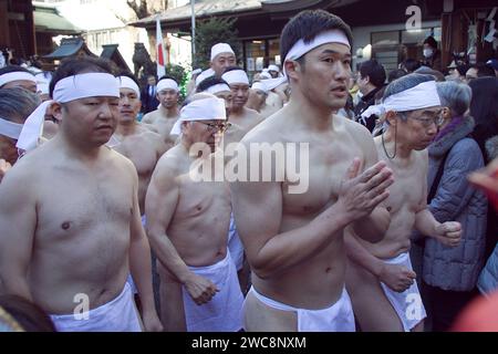 January 14 2024, Tokyo, Japan: The Icy Winter Bathing Tournament (Kanchu Misogi) at Teppozu Inari Shrine is accompanied by Prayers and celebrations for the New Year. Credit: Michael Steinebach/AFLO/Alamy Live News Stock Photo