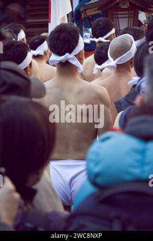 January 14 2024, Tokyo, Japan: The Icy Winter Bathing Tournament (Kanchu Misogi) at Teppozu Inari Shrine is accompanied by Prayers and celebrations for the New Year. Credit: Michael Steinebach/AFLO/Alamy Live News Stock Photo