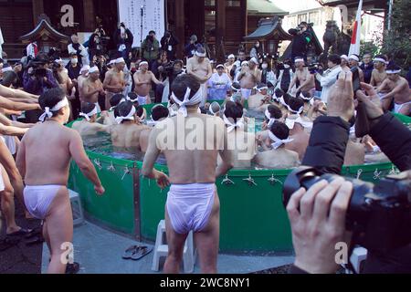 January 14 2024, Tokyo, Japan: The Icy Winter Bathing Tournament (Kanchu Misogi) at Teppozu Inari Shrine is accompanied by Prayers and celebrations for the New Year. Credit: Michael Steinebach/AFLO/Alamy Live News Stock Photo