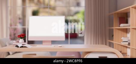 A modern, beautiful office workspace interior is designed with a pink computer mockup on a wooden desk, a wooden bookshelf, and a large window with cu Stock Photo