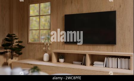 A modern TV monitor on a wooden wall above a wooden cabinet in a modern, expensively furnished living room. 3d render, 3d illustration Stock Photo