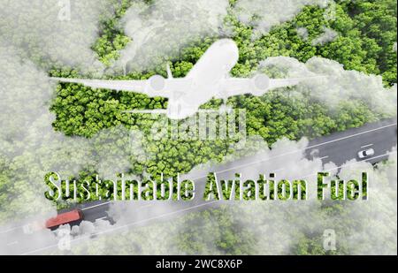 Sustainable aviation fuel concept. Net zero emissions flight. Sustainability transportation. Eco-friendly aviation fuel. Air travel. Future of flight Stock Photo