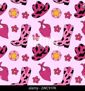 Seamless Pattern with retro Cowgirl pink elements. Boots, hat, scarf bandana, sheriff badge, flowers. Western and wild west theme. Hand drawn Stock Vector